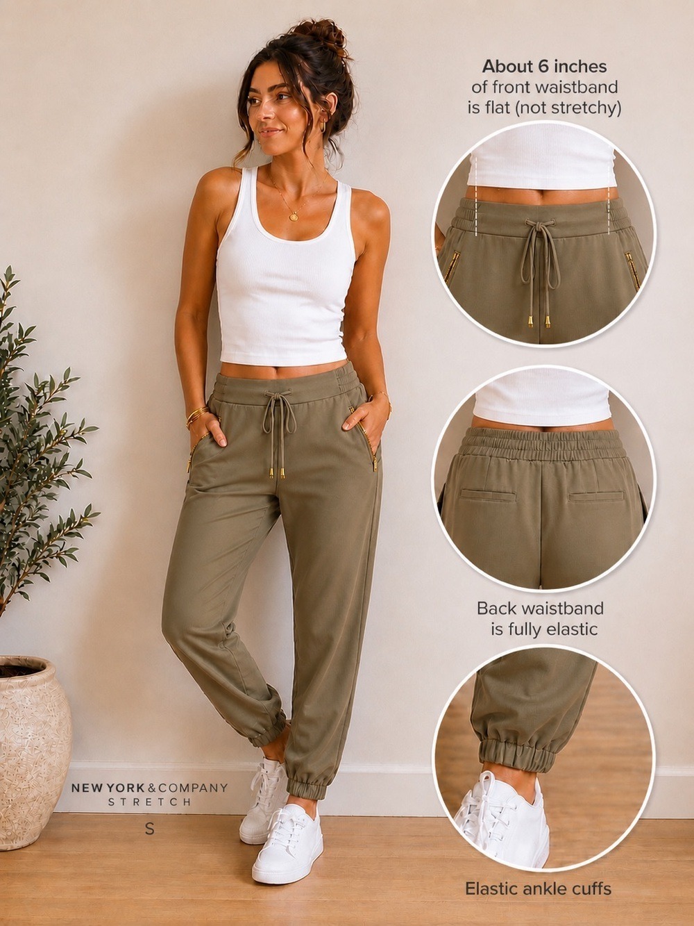 NEW YORK & COMPANY Stretch Jogger Pants Size Small Olive Green Gold Zipper